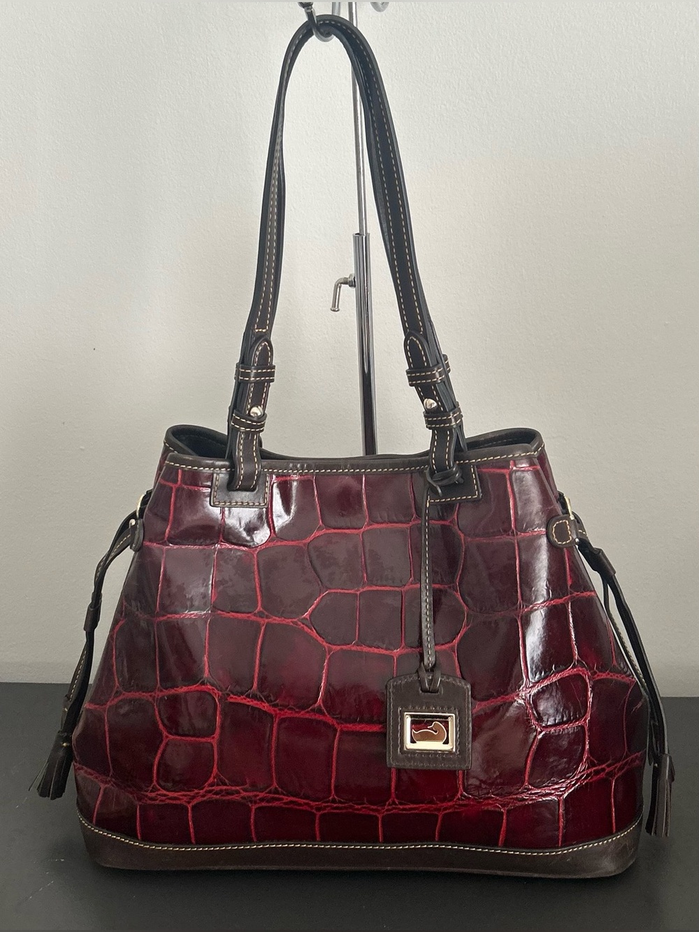 Dooney & Bourke Burgundy Croc Embossed Leather Large Tassel Shoulder Tote - Picture 7 of 15